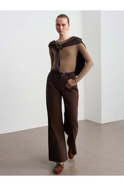 Dilvin 72093 100% Cotton Wide Leg Jeans with Stitching Detail - Brown