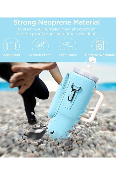 Bukela Neoprene Water Bottle Carrier with Pocket & Adjustable Strap — Fits 1.18L Stanley (Blue)