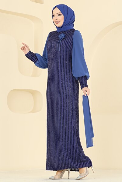 ModaMerve Çiçek Aksesuarlı Simli Abiye 2841ELCK1161-MS İndigo