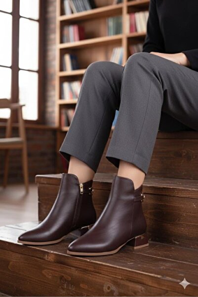 fort 573102 Buckle Detailed Pointed Toe 3 cm Thick Heel Zippered Women's Boots