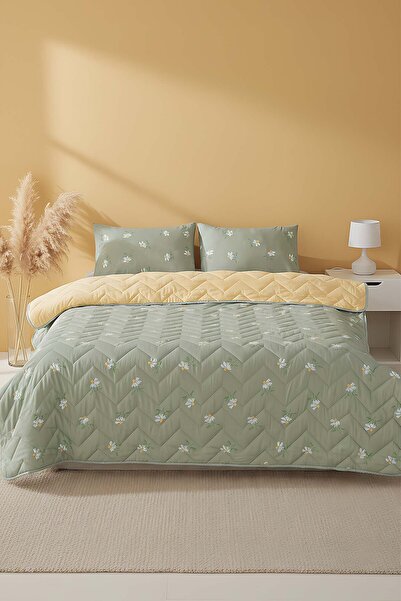 Rivaİstanbul Green Daisy Quilted Double Cotton Pique & Bedspread