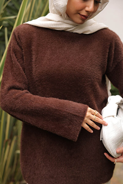 İmajButik Brown Mock Neck Angora Soft Knitwear Sweater