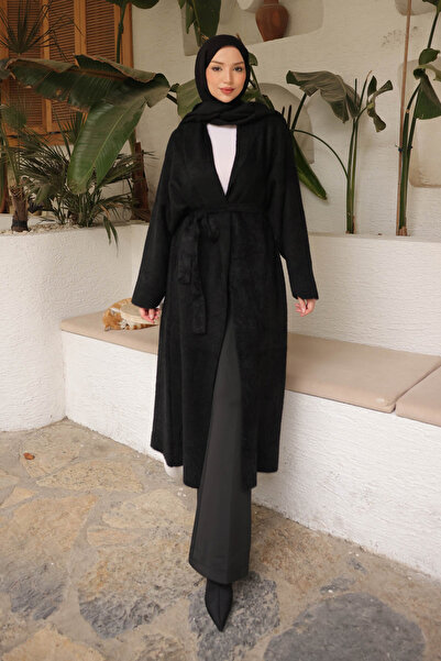 İmajButik Black Belted Long Angora Cardigan