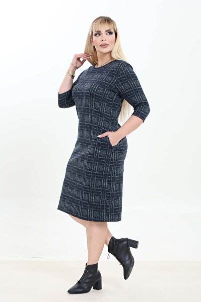 modayız Double Pocket Patterned Stretchy Winter Plus Size Midi Dress 21A-2760
