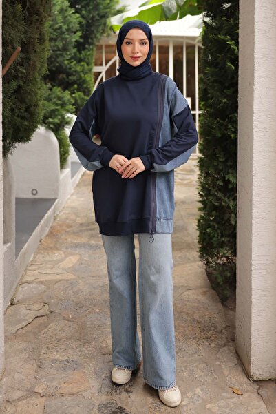 İmajButik Navy Blue Denim Paneled Modal Tunic