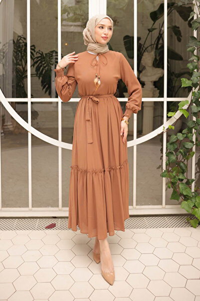 İmajButik Camel Skirt Layered Belted Chiffon Dress