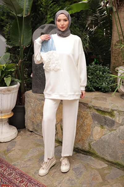 İmajButik Ecru Kot Paneled Modal Tunic Trouser Suit