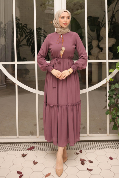 İmajButik Dusty Rose Skirt Layered Belted Chiffon Dress