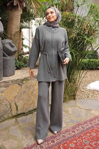İmajButik Smoked Zippered Angora Soft Cardigan Trouser Set