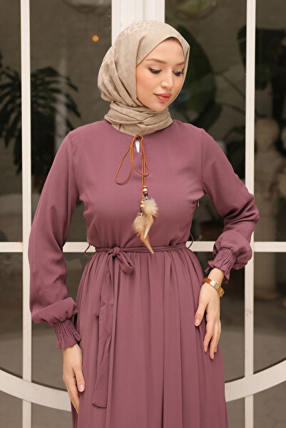 İmajButik Dusty Rose Skirt Layered Belted Chiffon Dress