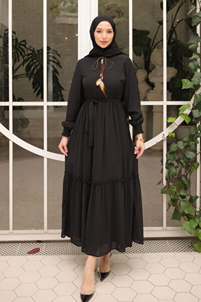 İmajButik Black Skirt Layered Belted Chiffon Dress