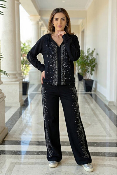 Nevin Kaya Moda Black Crystal Stone Detailed 100% Cotton Suit