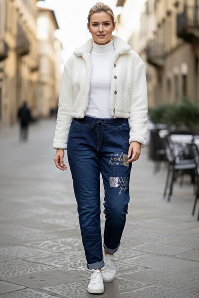 Chiccy Italian Jean Blue Pocketed Varak B Printed Elasticated and Tied Waist Lycra Denim Trousers 100 55