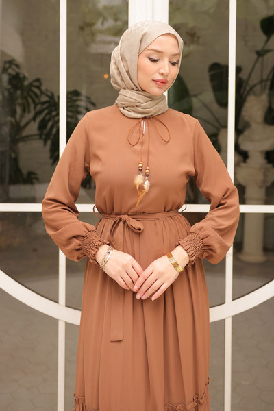İmajButik Camel Skirt Layered Belted Chiffon Dress