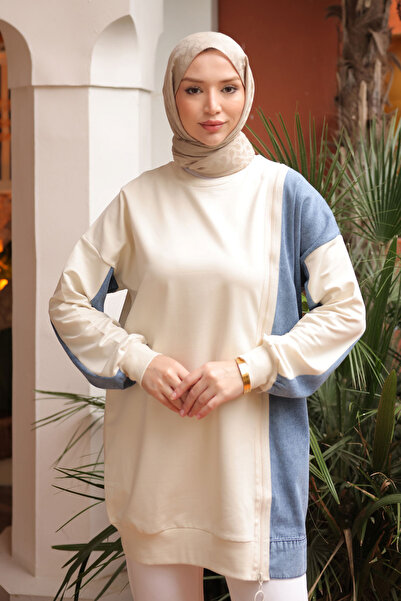 İmajButik Ecru Kot Paneled Modal Tunic