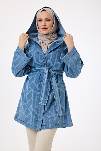 My City 6147 - Stylish Comfortable Hooded Waist Belt Tied Long Tunic Denim Jacket