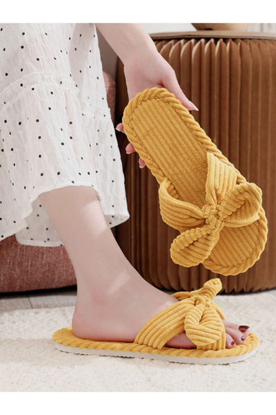 Take Two By Styli Yellow Corduroy Bowknot Slides