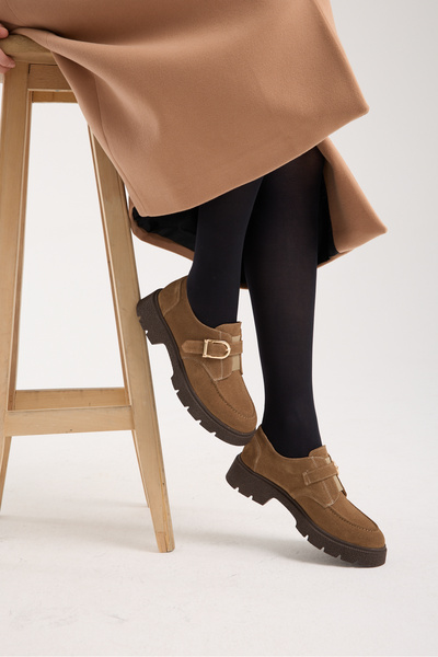 Jande Kadın Taba Süet Tokalı Kalın Taban Loafer – Günlük & Ofis Kullanıma Uygun