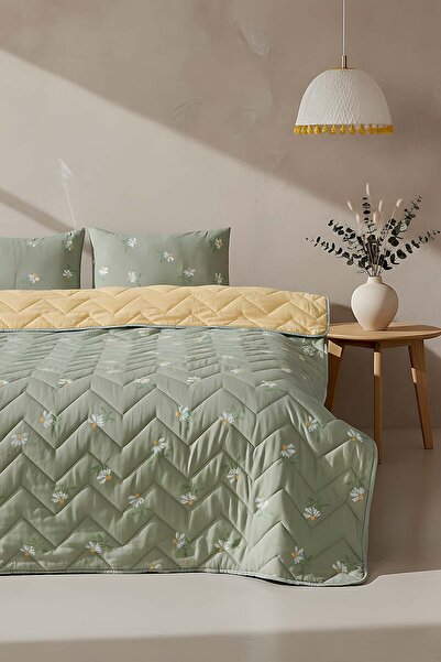 Rivaİstanbul Green Daisy Quilted Double Cotton Pique & Bedspread