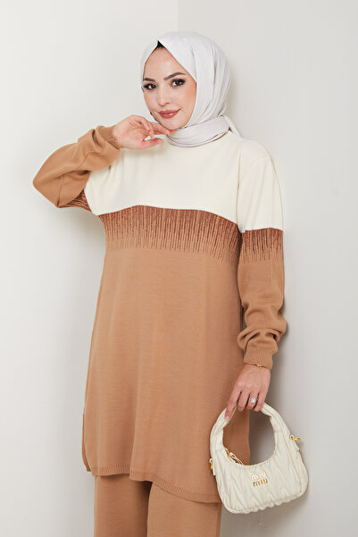 MODAQU Su Yolu Glitter Knitwear Tunic Trousers Set - Camel