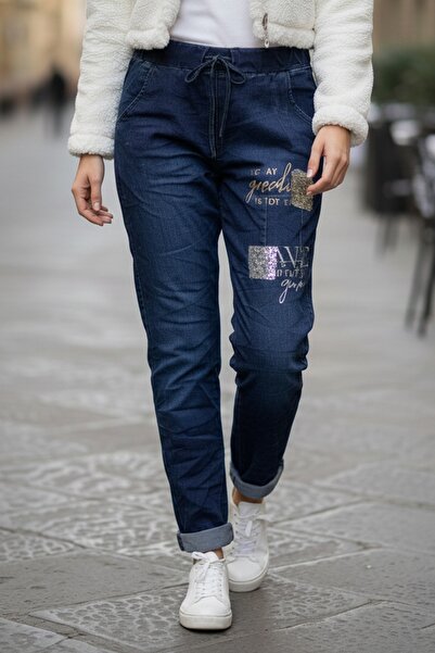 Chiccy Italian Jean Blue Pocketed Varak B Printed Elasticated and Tied Waist Lycra Denim Trousers 100 55