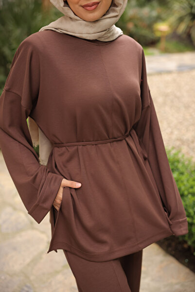 İmajButik Brown Waist-Tie Tunic with Trousers Modal Set