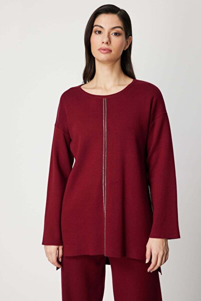 ON Pulover lung din tricot cu broderie de piatră în față