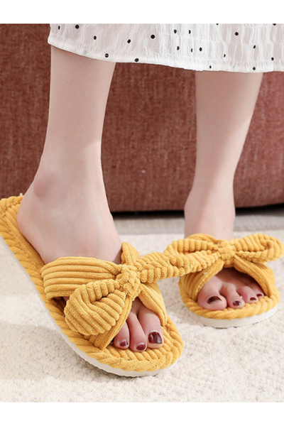 Take Two By Styli Yellow Corduroy Bowknot Slides