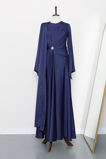 İmajButik Lacivert Önü Pelerinli Drapeli Saten Abiye