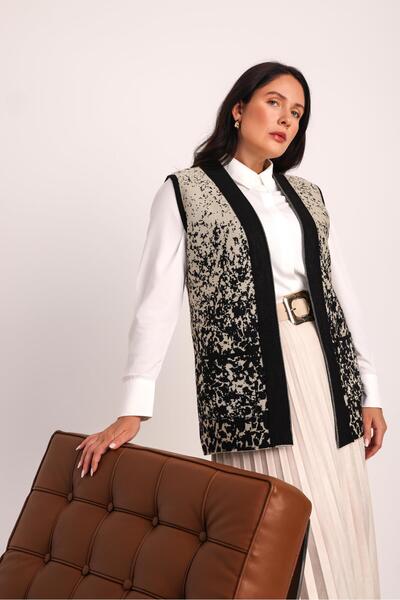 Uludağ Triko Women's Black Stone Patterned Pocketed Knitwear Knitted Mother Vest