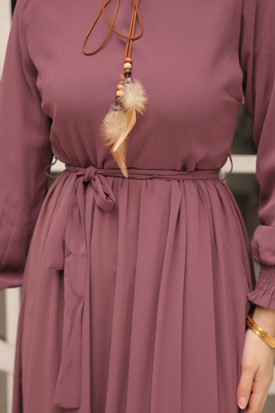 İmajButik Dusty Rose Skirt Layered Belted Chiffon Dress