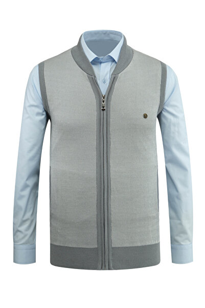 Çizgi Triko Men's Knit Vest with Zipper Pockets Steel Knitwear Classic Fit - 5015J