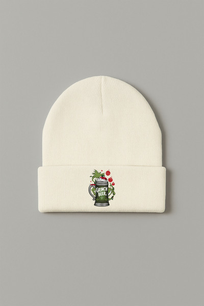 MODA 2026 Christmas New Year Printed Ecru Folded Winter Hat Beanie