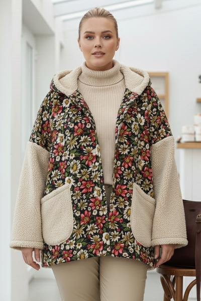 Chiccy Ιταλικό μεγάλο μέγεθος μπεζ μακρυμάνικο με τσέπες K με κουκούλα Casual Buklet O oversized υφαντό μπουφάν 78 70