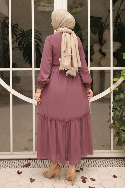İmajButik Dusty Rose Skirt Layered Belted Chiffon Dress