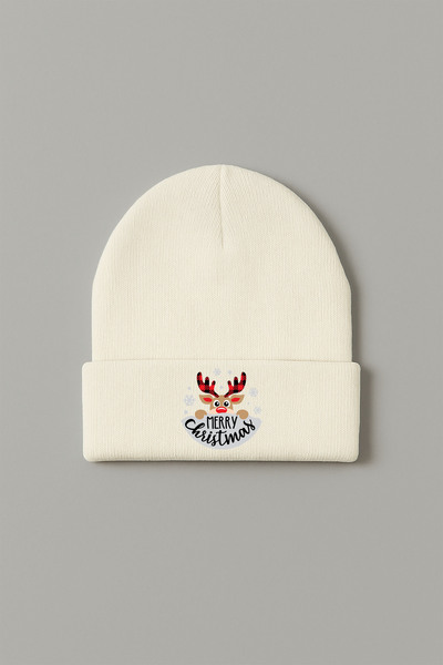 MODA 2026 Christmas New Year Printed Ecru Folded Winter Hat Beanie