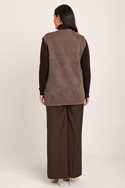 Uludağ Triko Women's Brown Embossed Floral Pattern Pocketed Knitwear Knitted Mother Vest