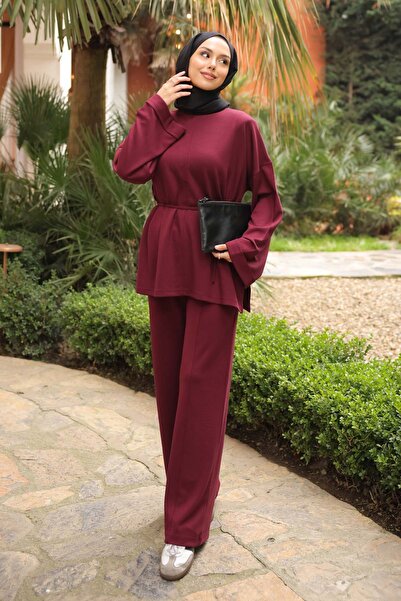 İmajButik Burgundy Waist-Tied Tunic with Pants Modal Set