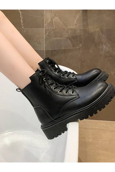 Take Two By Styli Black Solid Lace-Up Ankle Boots