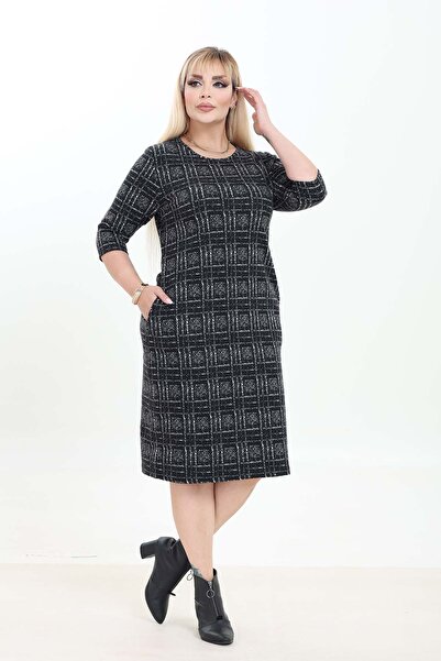 modayız Double Pocket Patterned Stretchy Winter Plus Size Midi Dress 4D-2755