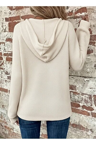 Kokosh moda Women's Long Sleeve Hooded Front Buttoned and Lace-Up Waffle Blouse