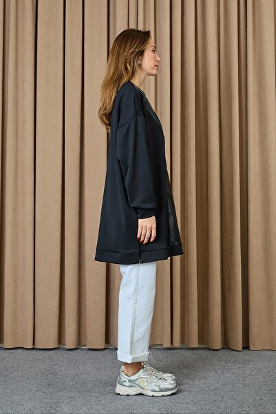 Puane Women's Modal Fabric Zipper and Leather Detailed Asymmetrical Tunic - 10728 - Black