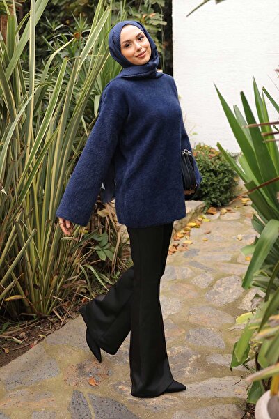 İmajButik Navy Blue Mock Neck Angora Soft Knit Sweater