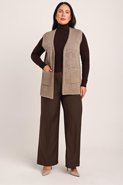 Uludağ Triko Women's Sand Embossed Floral Pattern Pocketed Knitwear Knitted Mother Vest