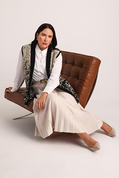 Uludağ Triko Women's Black Stone Patterned Pocketed Knitwear Knitted Mother Vest