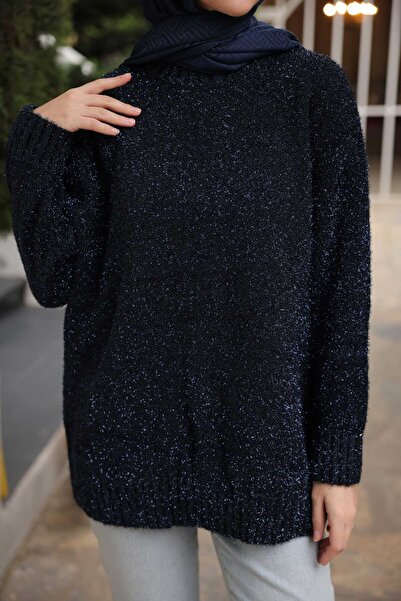İmajButik Navy Blue Crew Neck Glitter Knit Sweater