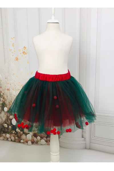 MadyaButik Christmas & Noel Party Girl's Emerald Green Tutu Skirt with Moving White Pompoms