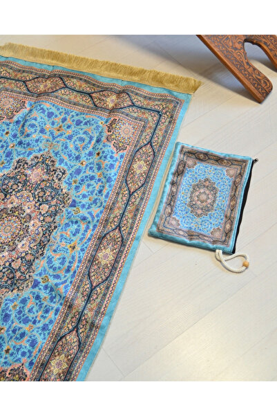 Bilenler Practical and Portable Silk Textured Prayer Rug with Bag – Turquoise with Carpet Pattern – Zippered