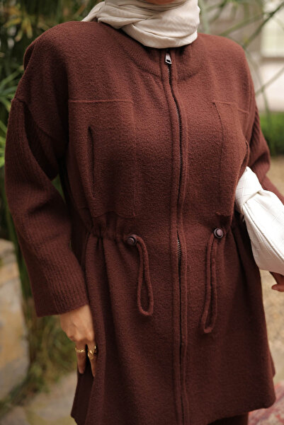 İmajButik Brown Zippered Angora Soft Cardigan Pants Set