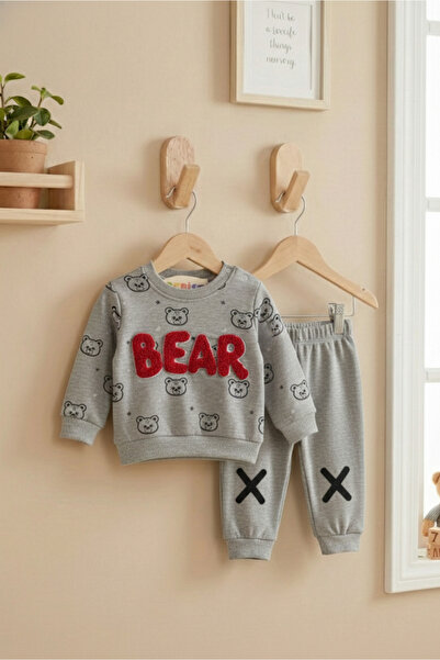 Bebişto Baby Boy Gray Bear Written Teddy Bear Printed Fleece-Lined Winter Set